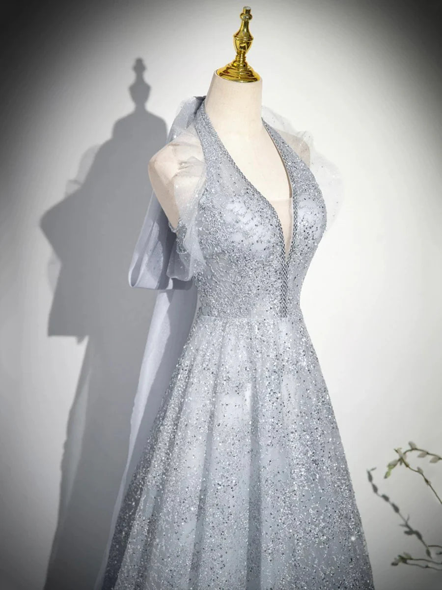 Elegant Gray Tulle Sequins Backless Halter A-Line Long Prom Dress Party Dress With Train