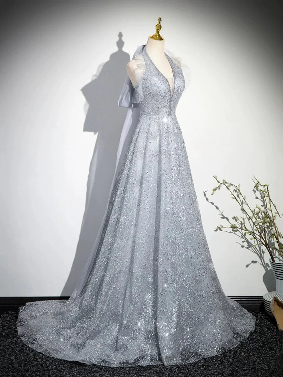 Elegant Gray Tulle Sequins Backless Halter A-Line Long Prom Dress Party Dress With Train