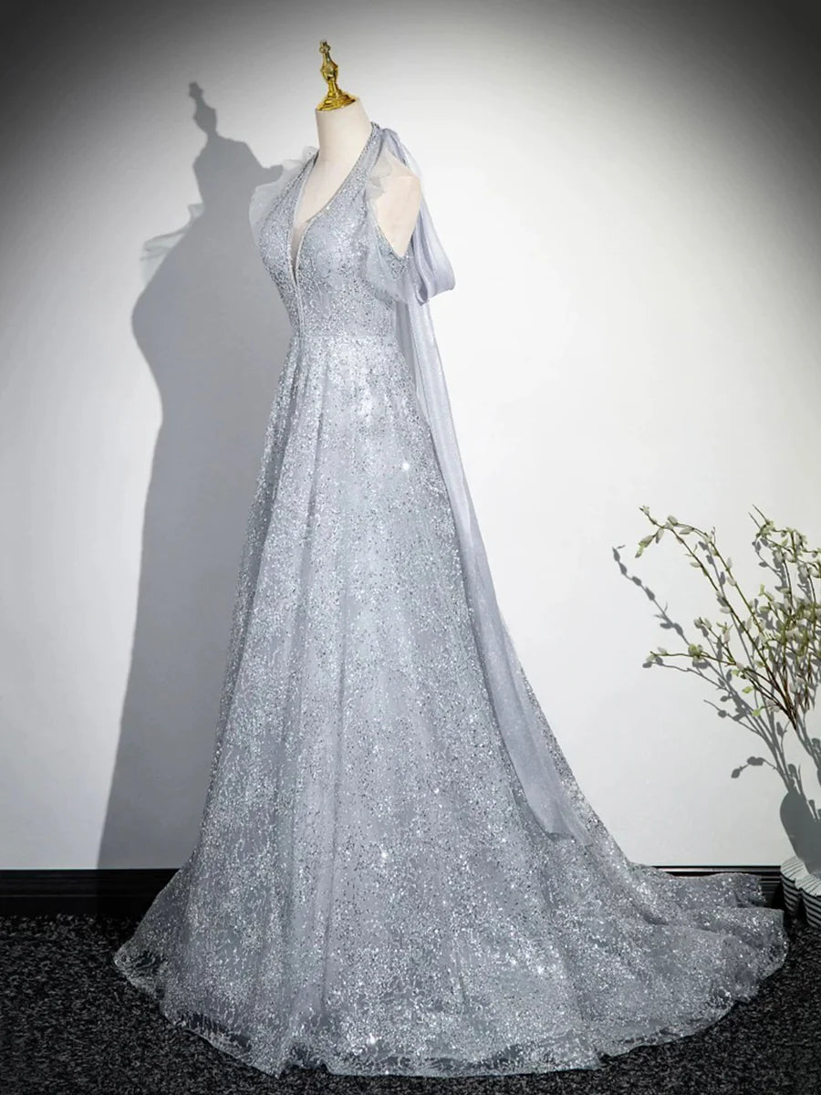 Elegant Gray Tulle Sequins Backless Halter A-Line Long Prom Dress Party Dress With Train