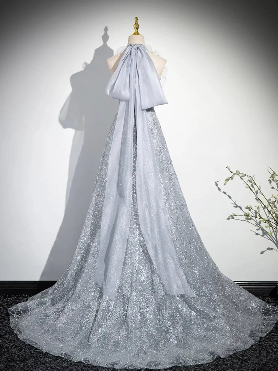 Elegant Gray Tulle Sequins Backless Halter A-Line Long Prom Dress Party Dress With Train