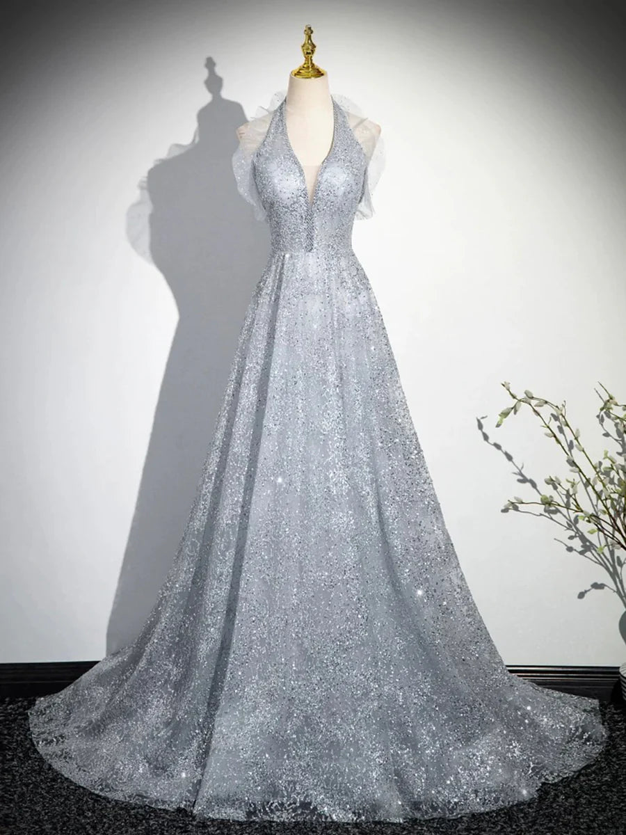 Elegant Gray Tulle Sequins Backless Halter A-Line Long Prom Dress Party Dress With Train