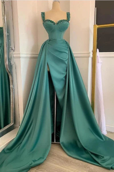 Elegant Green Beadings Straps Sweetheart Neck Long Evening Dress With Cape Overlength Train