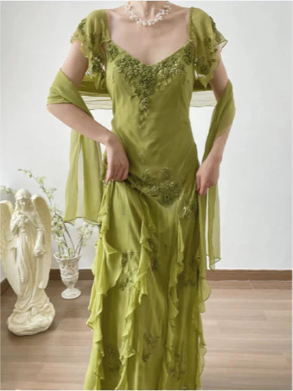Elegant Green Chiffon  Applique V Neck Flying Sleeve Long Prom Dress With Embroidered