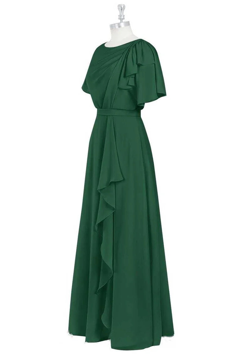 Elegant Green Chiffon Crew Neck Short Sleeve Ruffled A-Line Full length Bridesmaid Dress