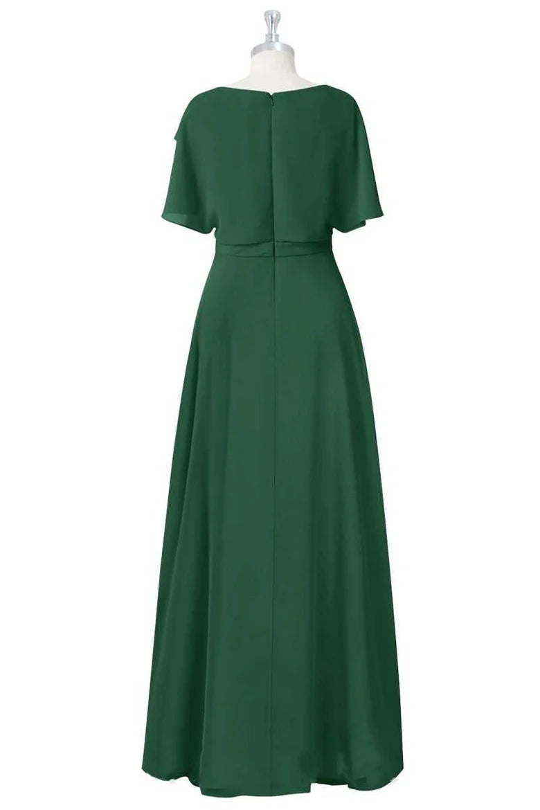 Elegant Green Chiffon Crew Neck Short Sleeve Ruffled A-Line Full length Bridesmaid Dress