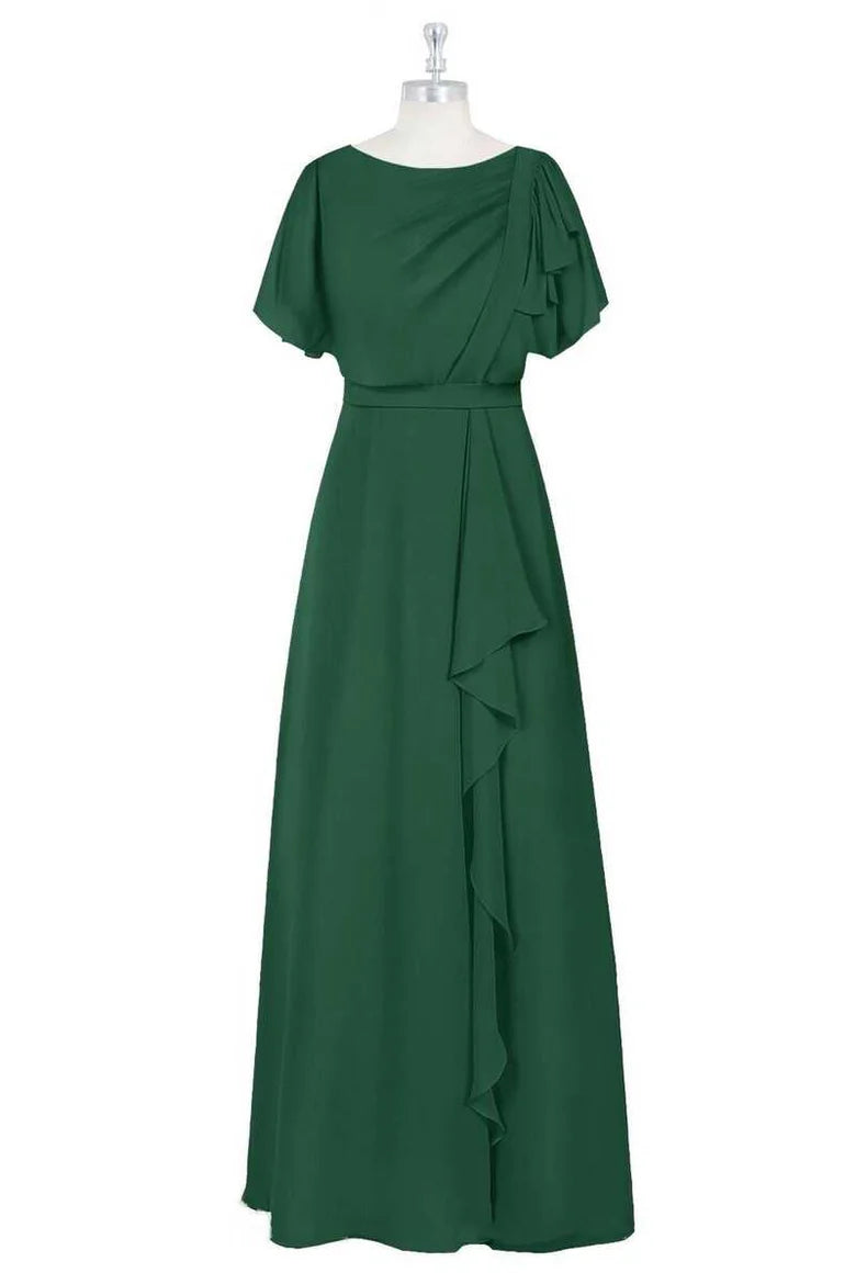 Elegant Green Chiffon Crew Neck Short Sleeve Ruffled A-Line Full length Bridesmaid Dress