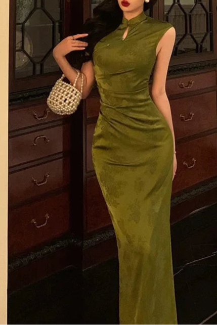 Elegant Green Satin Floral Mermaid High Neckline Date Evening Dress Long Prom Dress