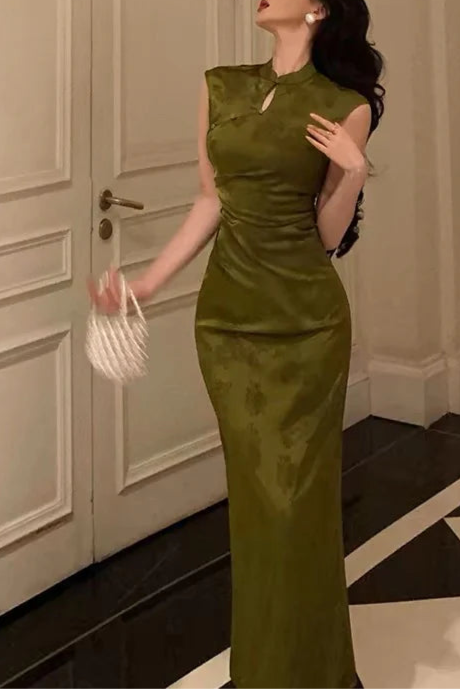 Elegant Green Satin Floral Mermaid High Neckline Date Evening Dress Long Prom Dress