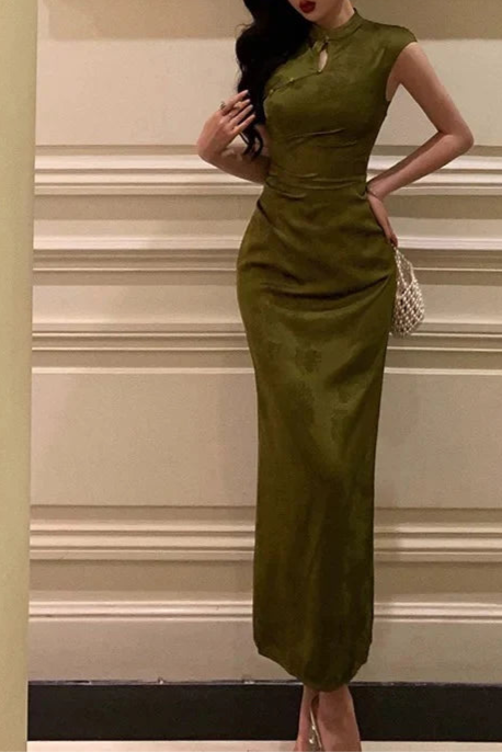 Elegant Green Satin Floral Mermaid High Neckline Date Evening Dress Long Prom Dress