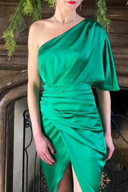 Elegant Green Satin Pleated One-Shoulder Mid-calf length Mother of the Bride Dresses With Slit