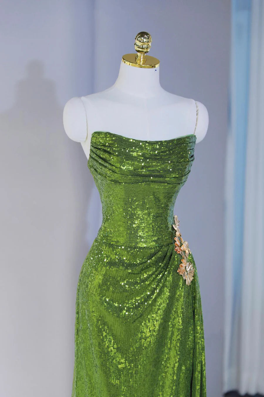Elegant Green Sequin Pleated Strapless Mermaid Long Prom Dress Evening Party Dress