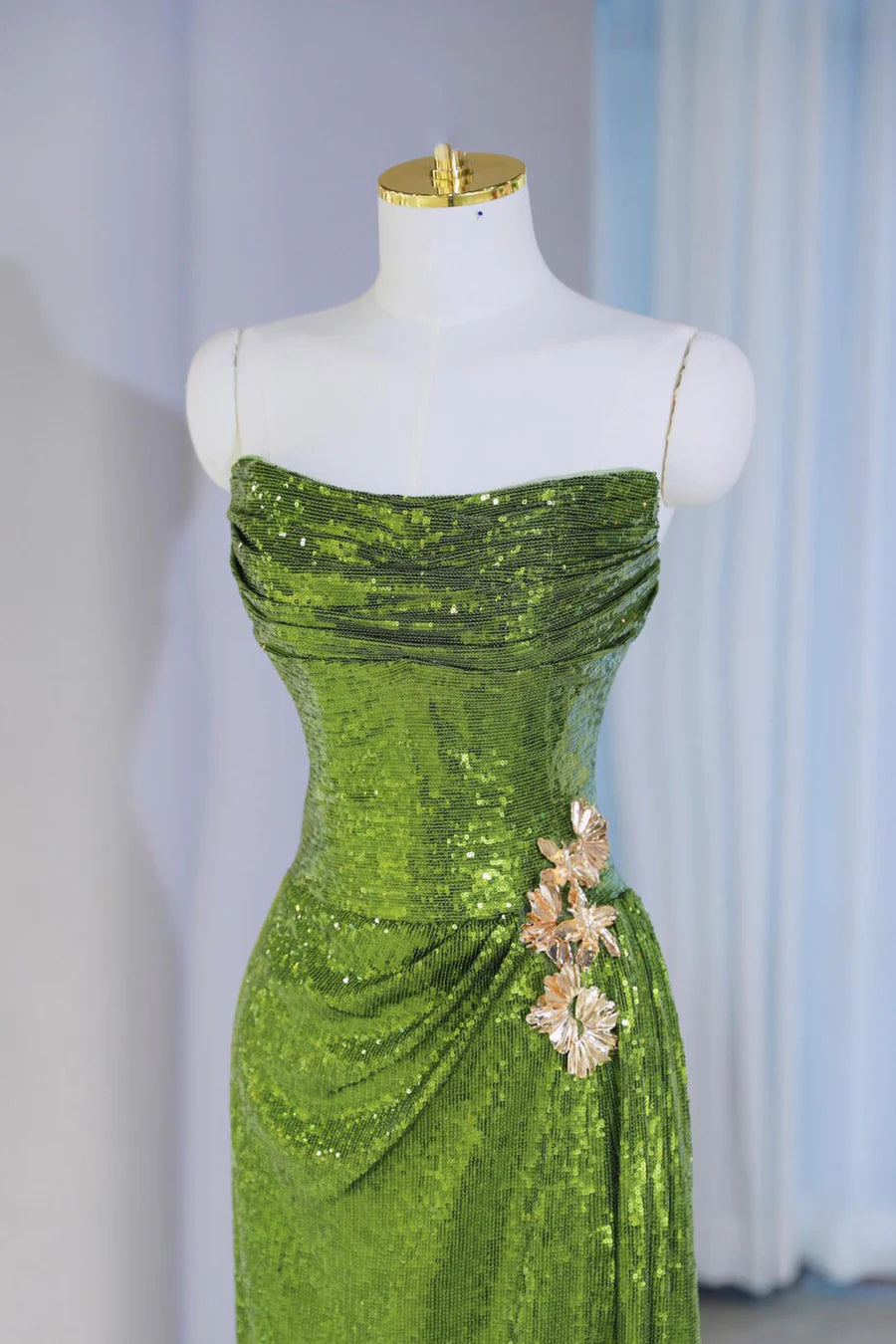 Elegant Green Sequin Pleated Strapless Mermaid Long Prom Dress Evening Party Dress