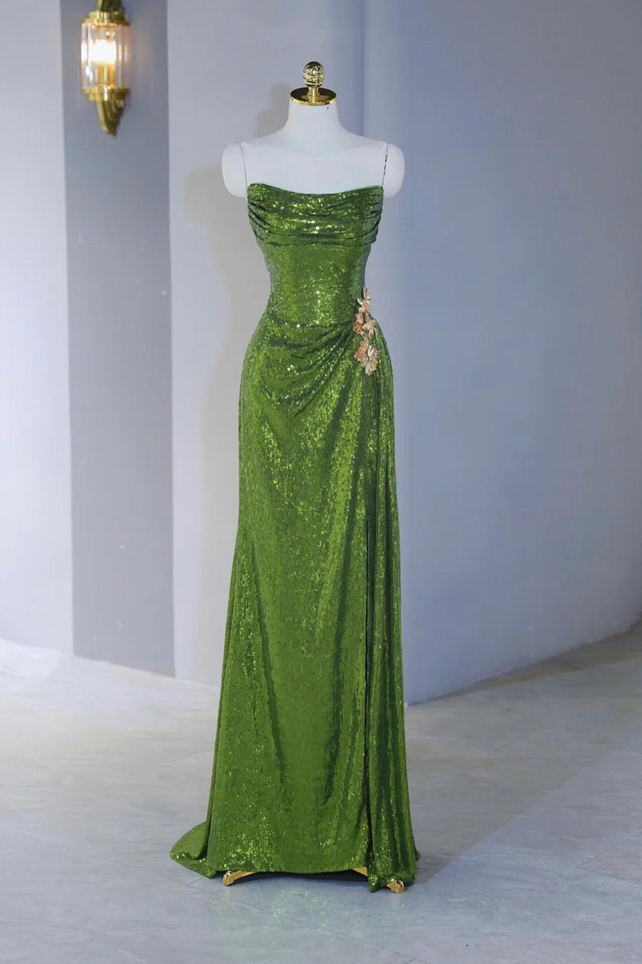 Elegant Green Sequin Pleated Strapless Mermaid Long Prom Dress Evening Party Dress