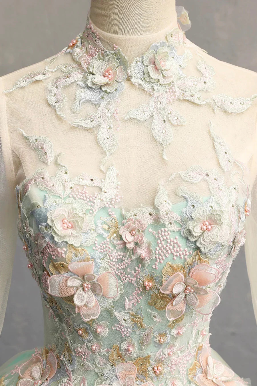 Elegant Green Tulle Lace With Applique High Neck Long Sleeve Prom Dress Formal Dress