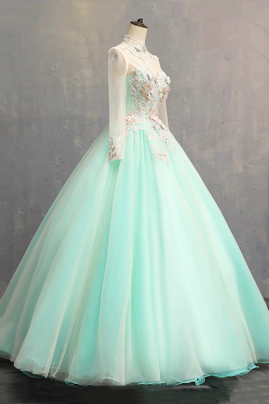 Elegant Green Tulle Lace With Applique High Neck Long Sleeve Prom Dress Formal Dress