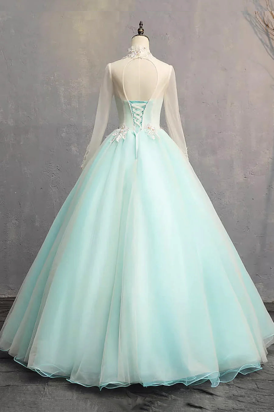 Elegant Green Tulle Lace With Applique High Neck Long Sleeve Prom Dress Formal Dress