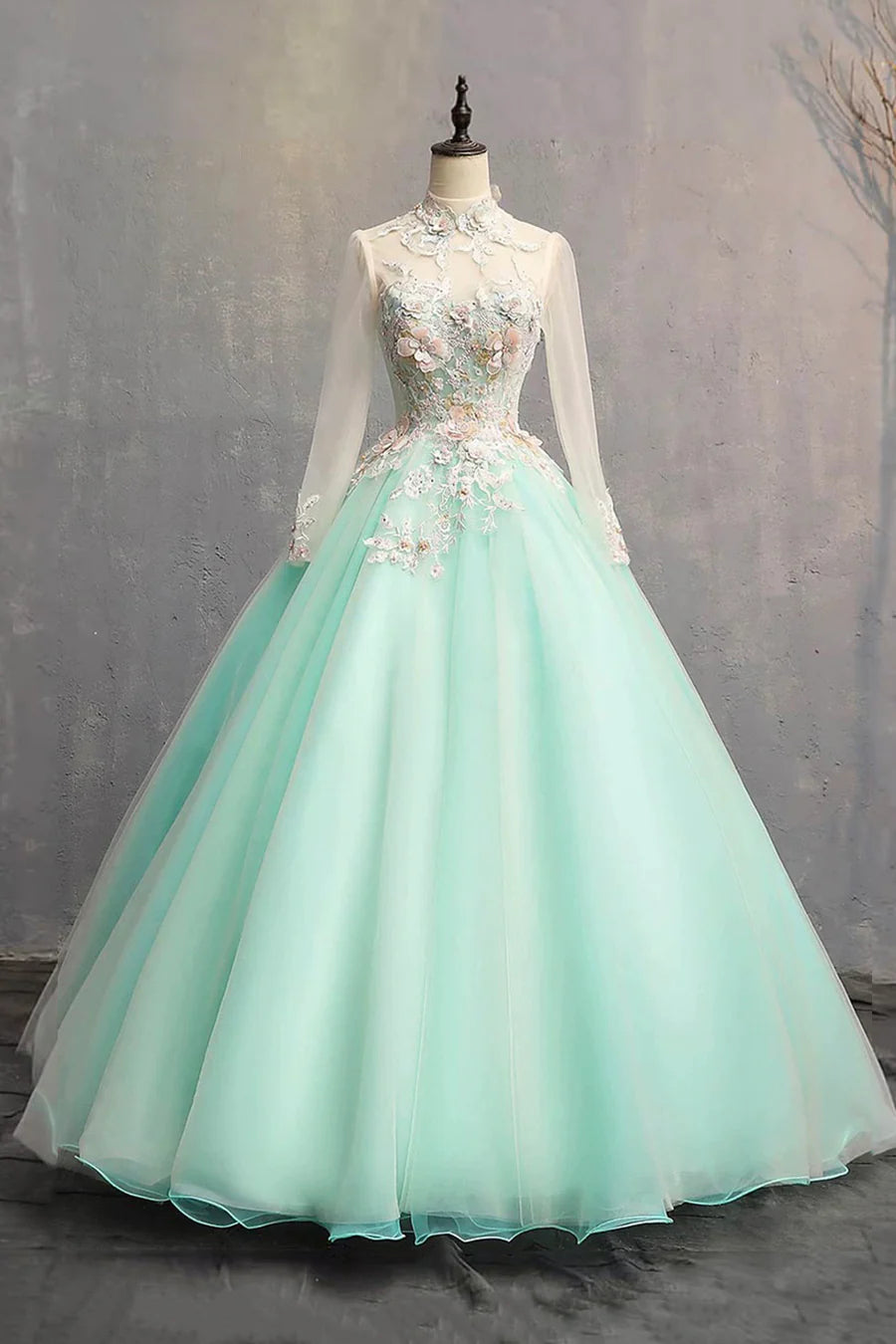 Elegant Green Tulle Lace With Applique High Neck Long Sleeve Prom Dress Formal Dress