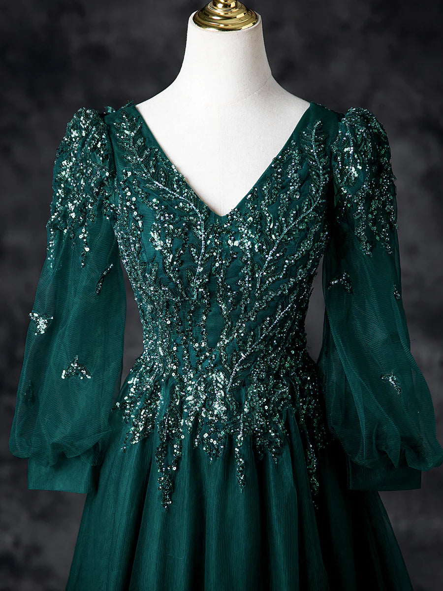 Elegant Green Tulle Sequins V-Neck Beads Long Sleeve Prom Dress Evening Party Dress