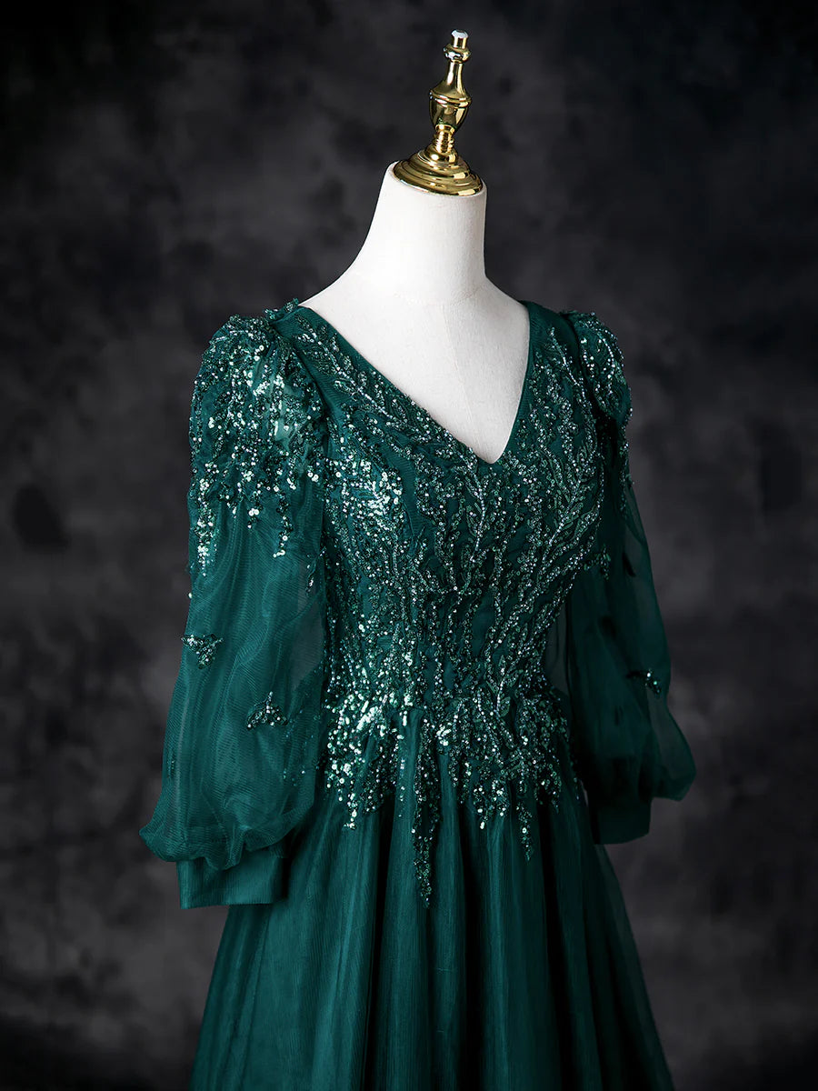 Elegant Green Tulle Sequins V-Neck Beads Long Sleeve Prom Dress Evening Party Dress