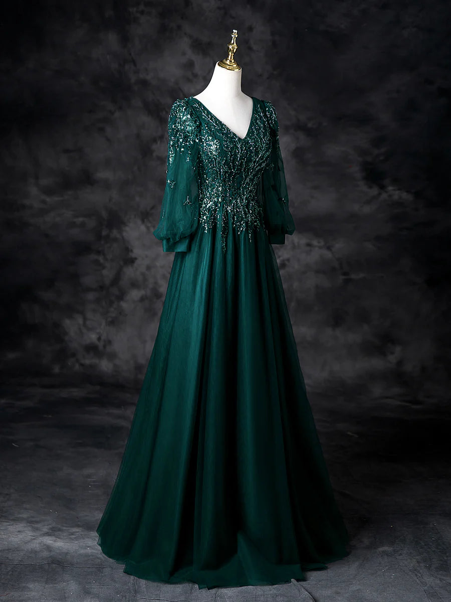 Elegant Green Tulle Sequins V-Neck Beads Long Sleeve Prom Dress Evening Party Dress