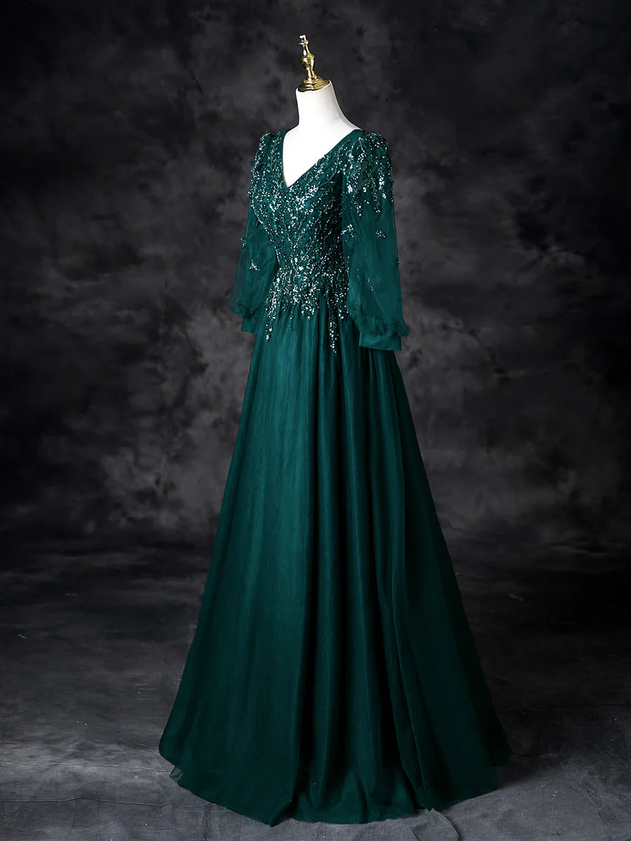 Elegant Green Tulle Sequins V-Neck Beads Long Sleeve Prom Dress Evening Party Dress