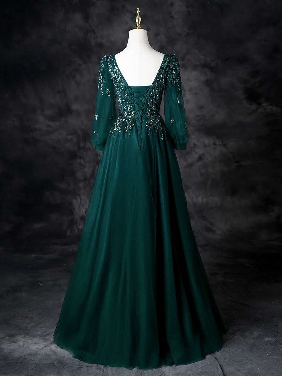 Elegant Green Tulle Sequins V-Neck Beads Long Sleeve Prom Dress Evening Party Dress