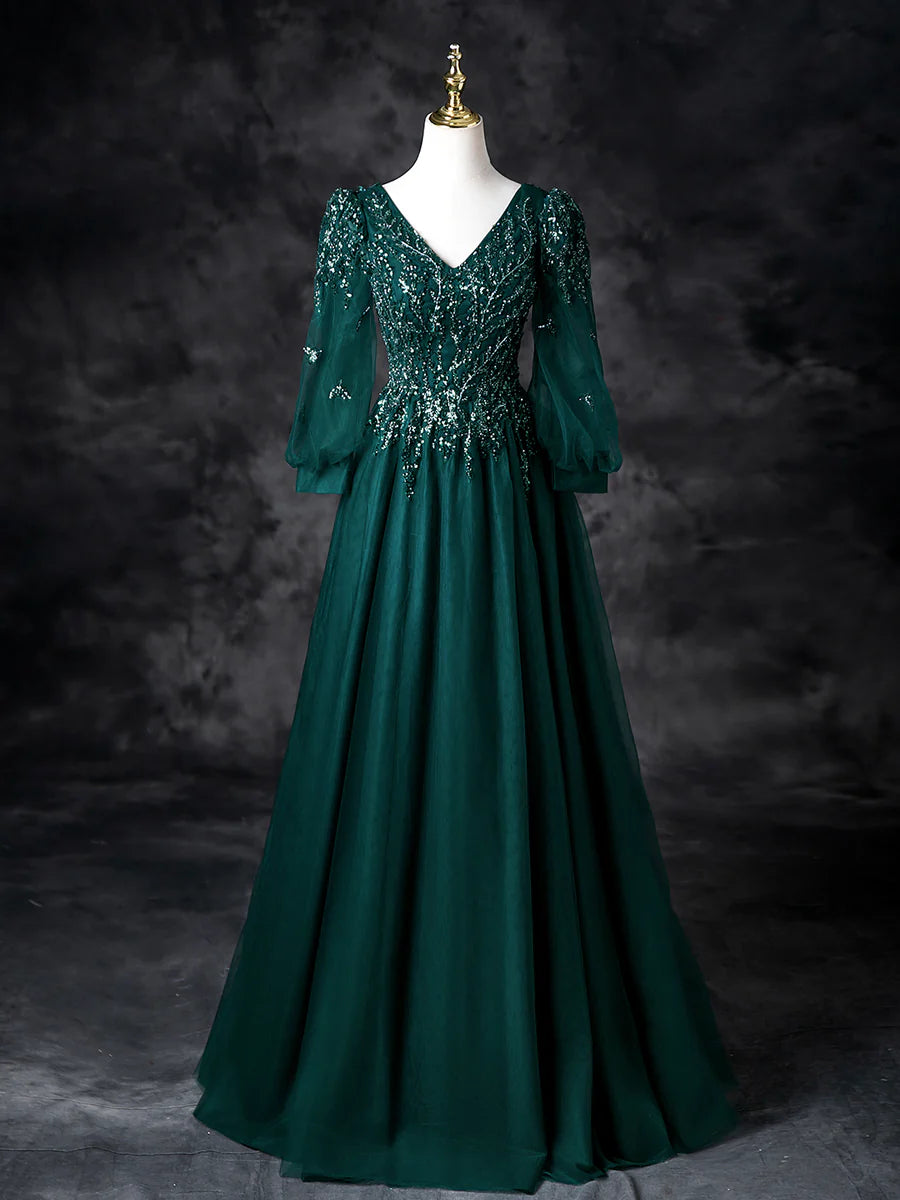 Elegant Green Tulle Sequins V-Neck Beads Long Sleeve Prom Dress Evening Party Dress