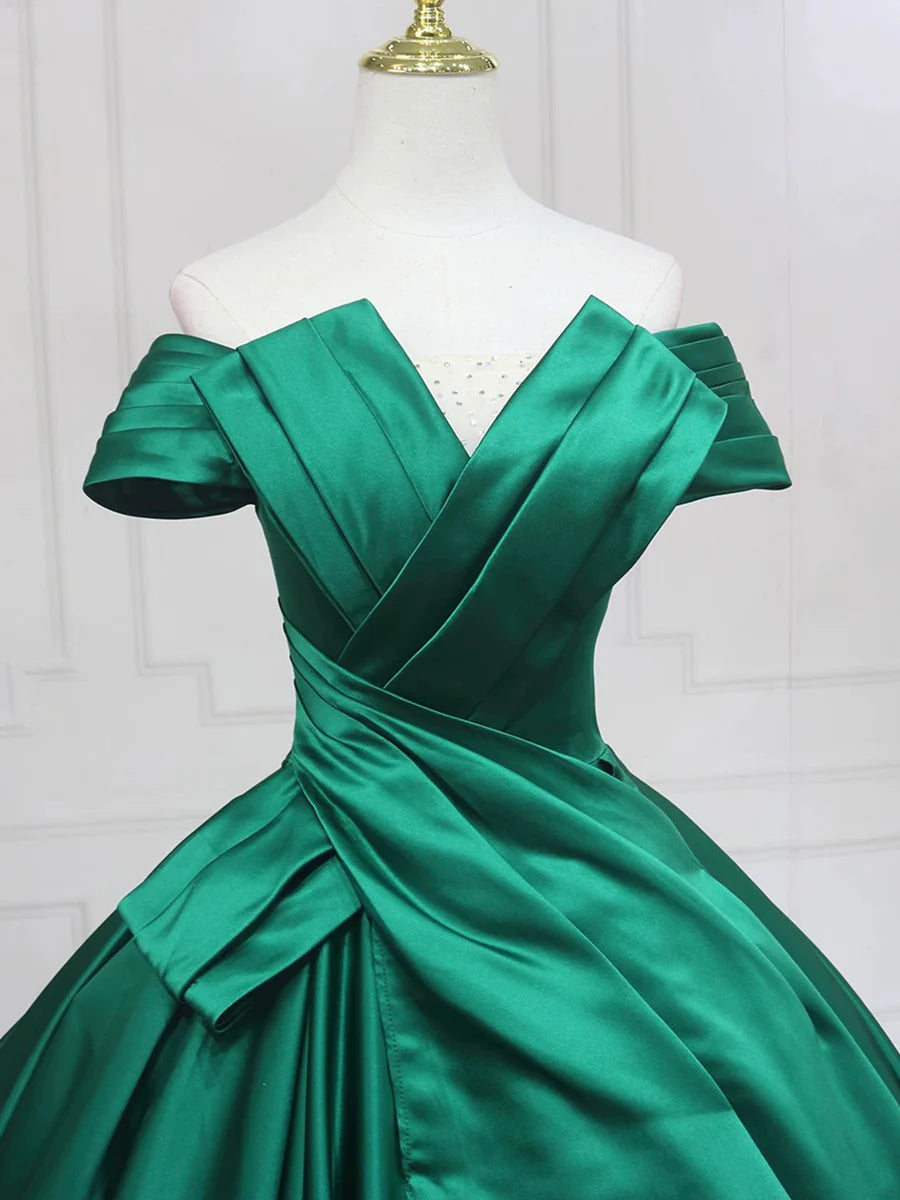 Elegant Green V-Neck Satin Pleated A-Line Long Prom Dress Formal Party Dress
