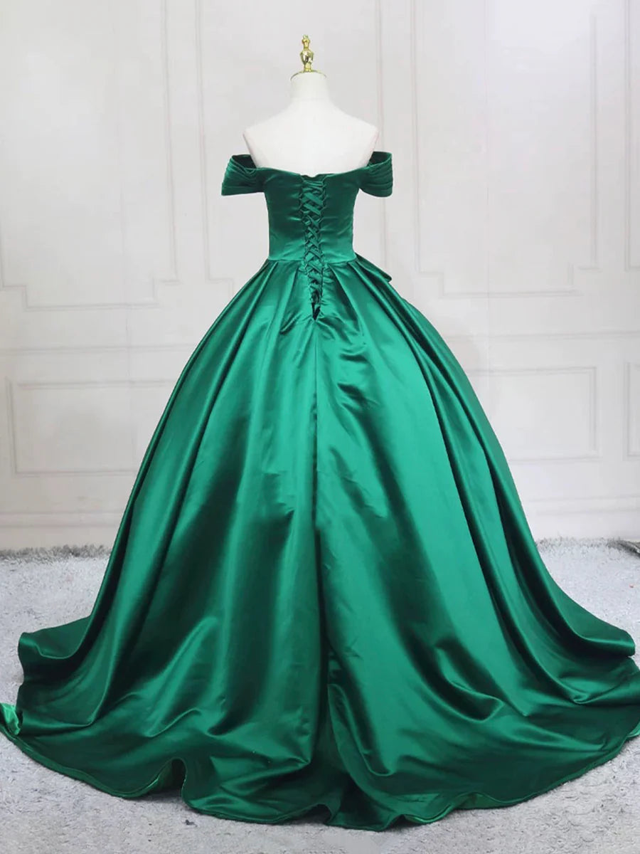 Elegant Green V-Neck Satin Pleated A-Line Long Prom Dress Formal Party Dress