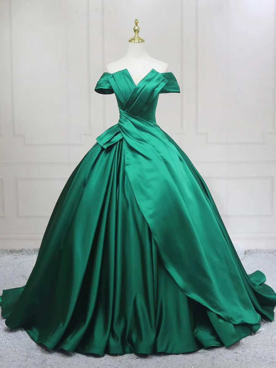 Elegant Green V-Neck Satin Pleated A-Line Long Prom Dress Formal Party Dress