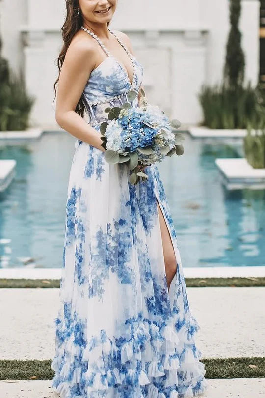 Elegant Halter A-Line Print V-Neck Pearls Prom Dress with Slit