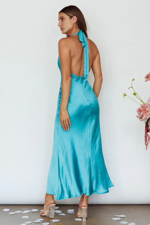 Elegant Halter Neck Diamante Open Back Turquoise Maxi Evening Dress