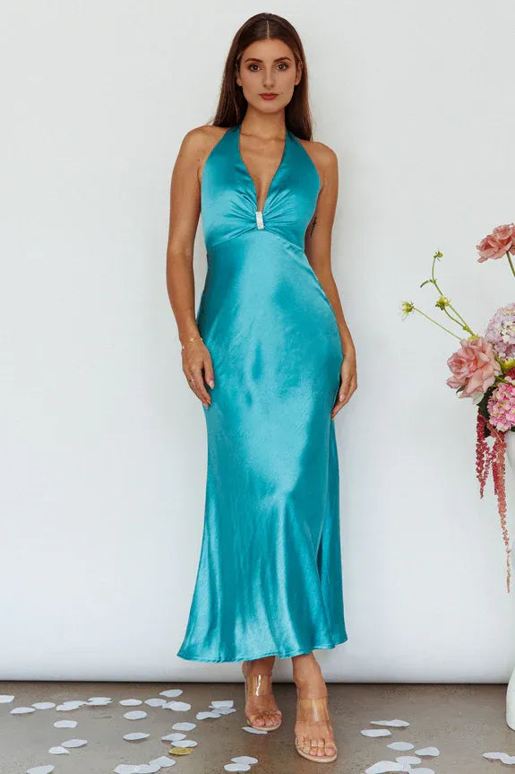 Elegant Halter Neck Diamante Open Back Turquoise Maxi Evening Dress