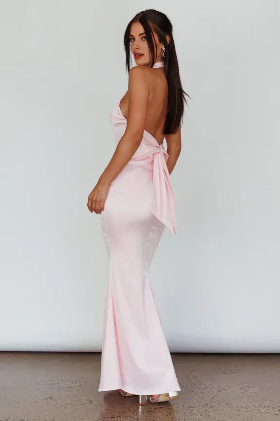 Elegant Halter Neck Open Back Bow Baby Pink Maxi Evening Dress Party Dress