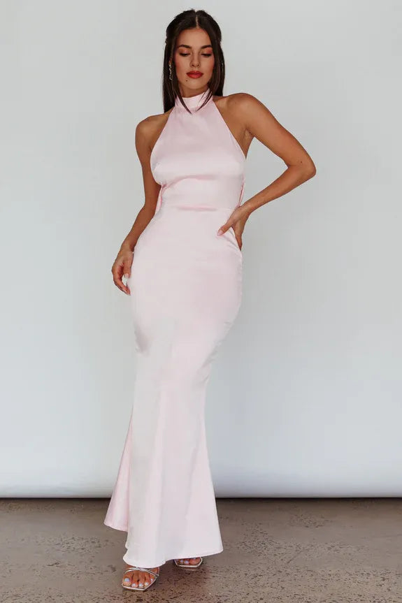 Elegant Halter Neck Open Back Bow Baby Pink Maxi Evening Dress Party Dress