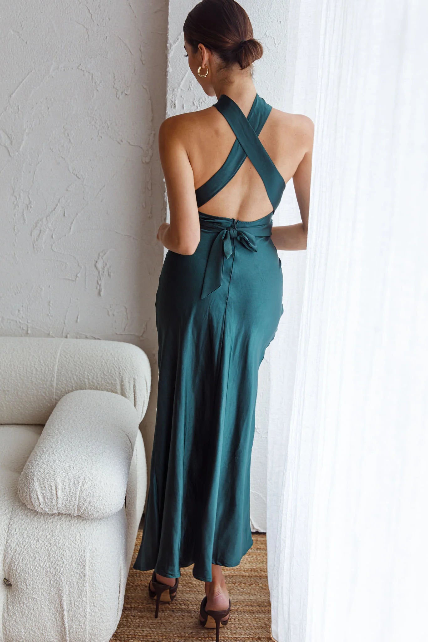 Elegant Halter Neck Open Back Slit Forest Green Midi Evening Dress