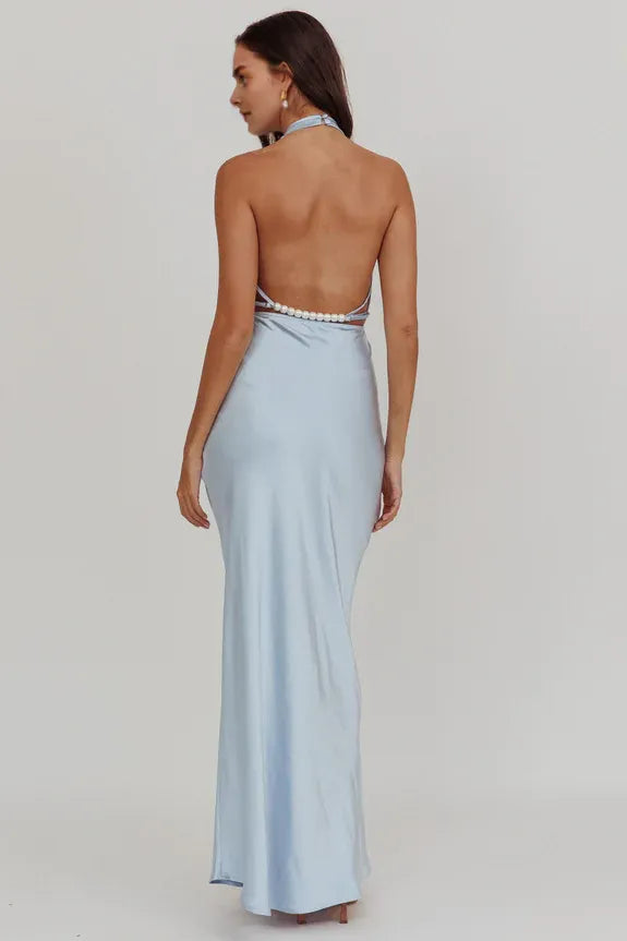 Elegant Halter Neck Pearl Strap Blue Maxi Homecoming Dress Prom Dress