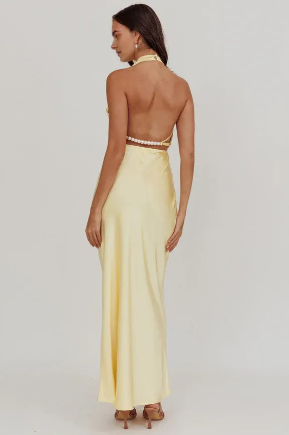 Elegant Halter Neck Pearl Strap Butter Maxi Homecoming Dress Prom Dress
