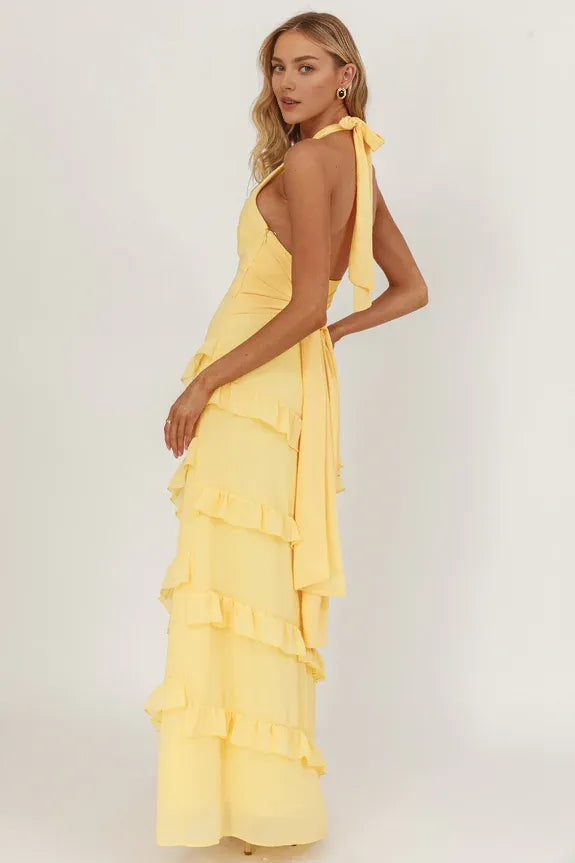 Elegant Halter V Neck Frill Trim Lemon Maxi Homecoming Dress Prom Dress