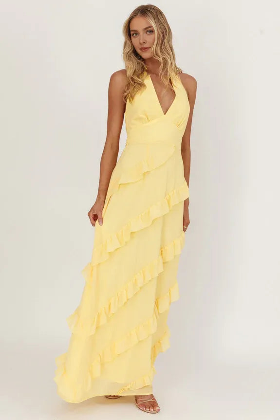 Elegant Halter V Neck Frill Trim Lemon Maxi Homecoming Dress Prom Dress