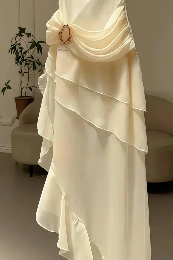 Elegant Ivory Chiffon Spaghetti Strap Birthday Dress Homecoming Dress With Asymmetrical Hem