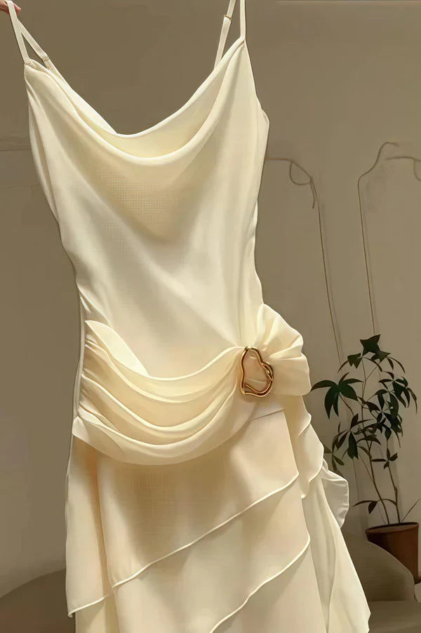 Elegant Ivory Chiffon Spaghetti Strap Birthday Dress Homecoming Dress With Asymmetrical Hem