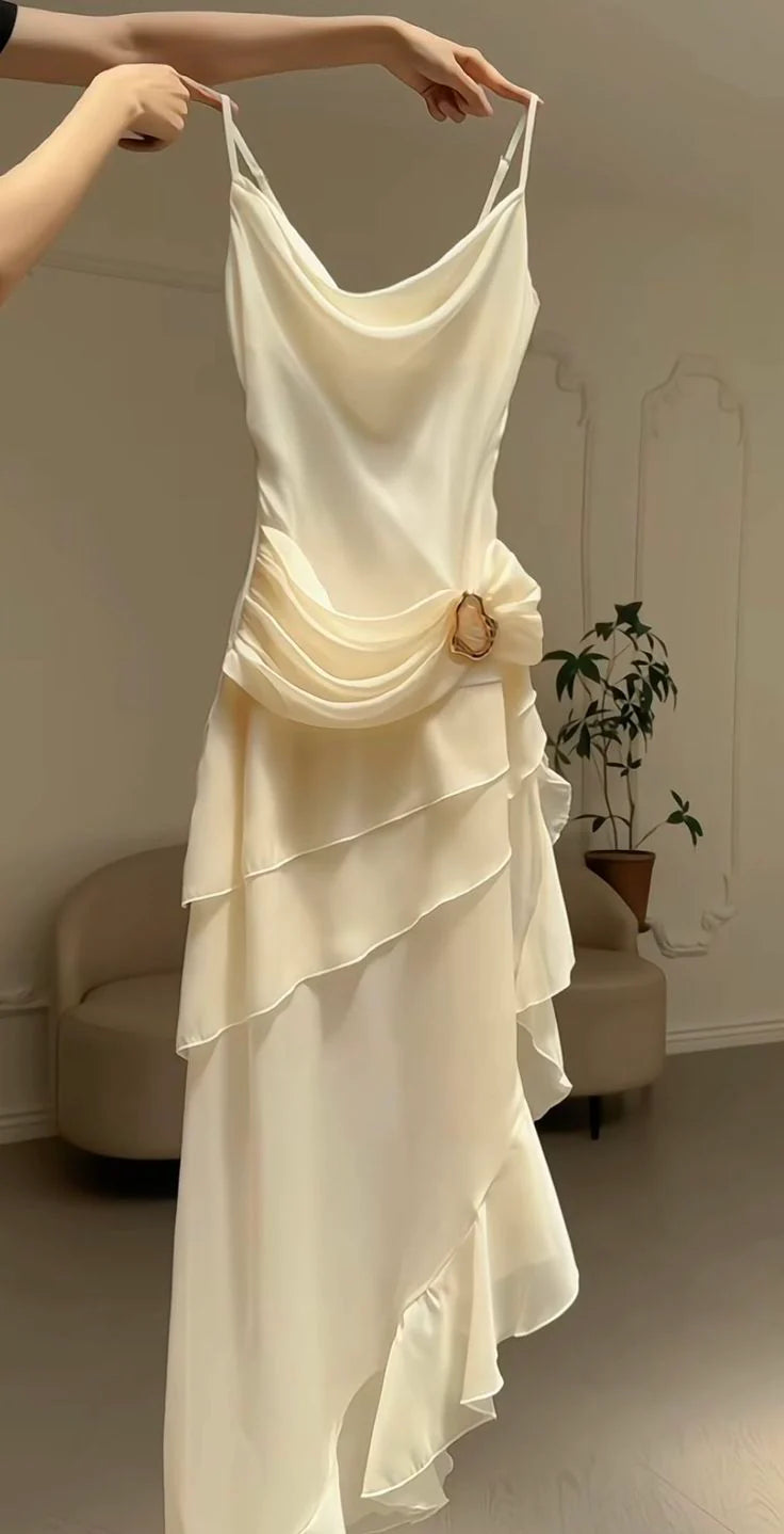 Elegant Ivory Chiffon Spaghetti Strap Birthday Dress Homecoming Dress With Asymmetrical Hem