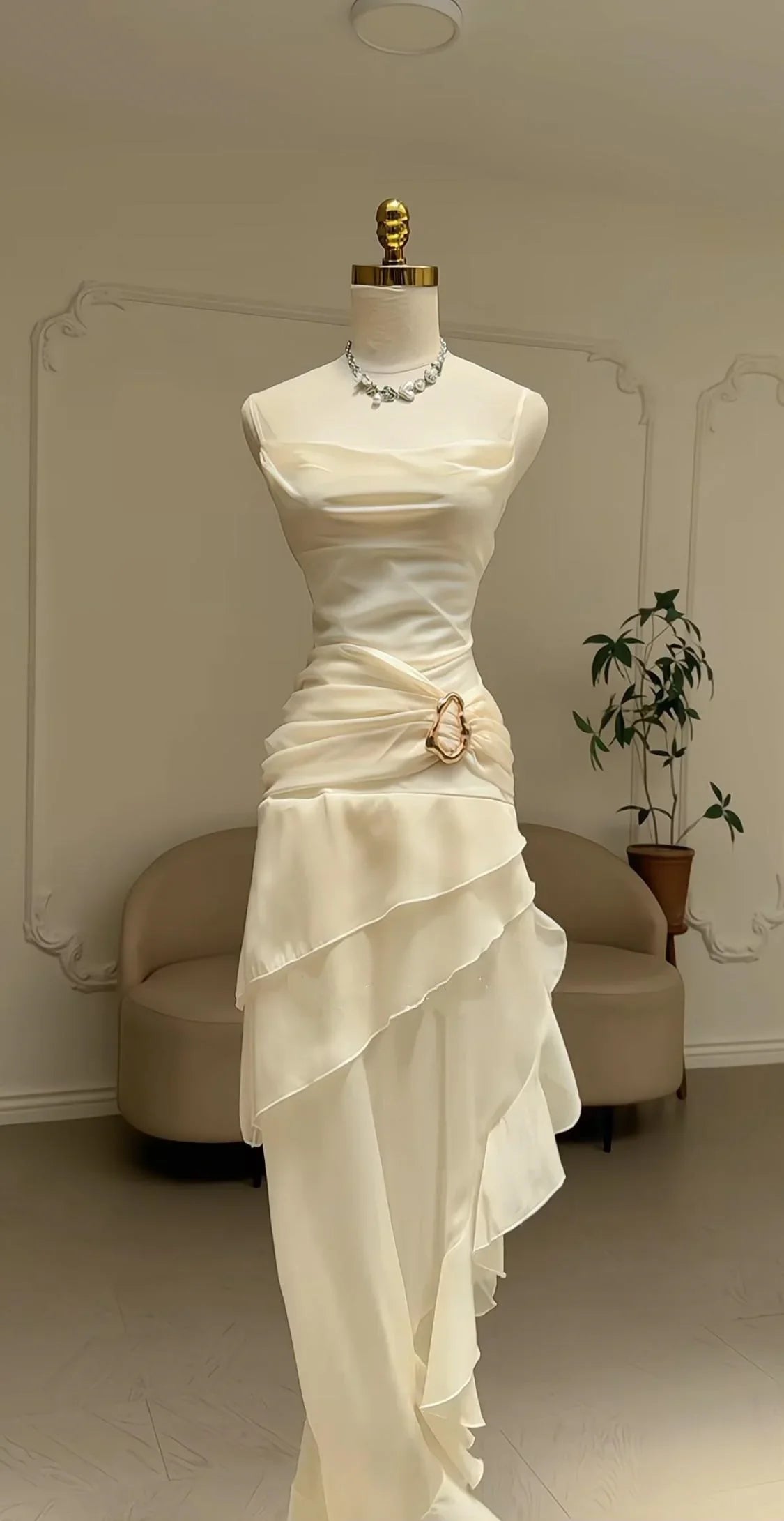 Elegant Ivory Chiffon Spaghetti Strap Birthday Dress Homecoming Dress With Asymmetrical Hem