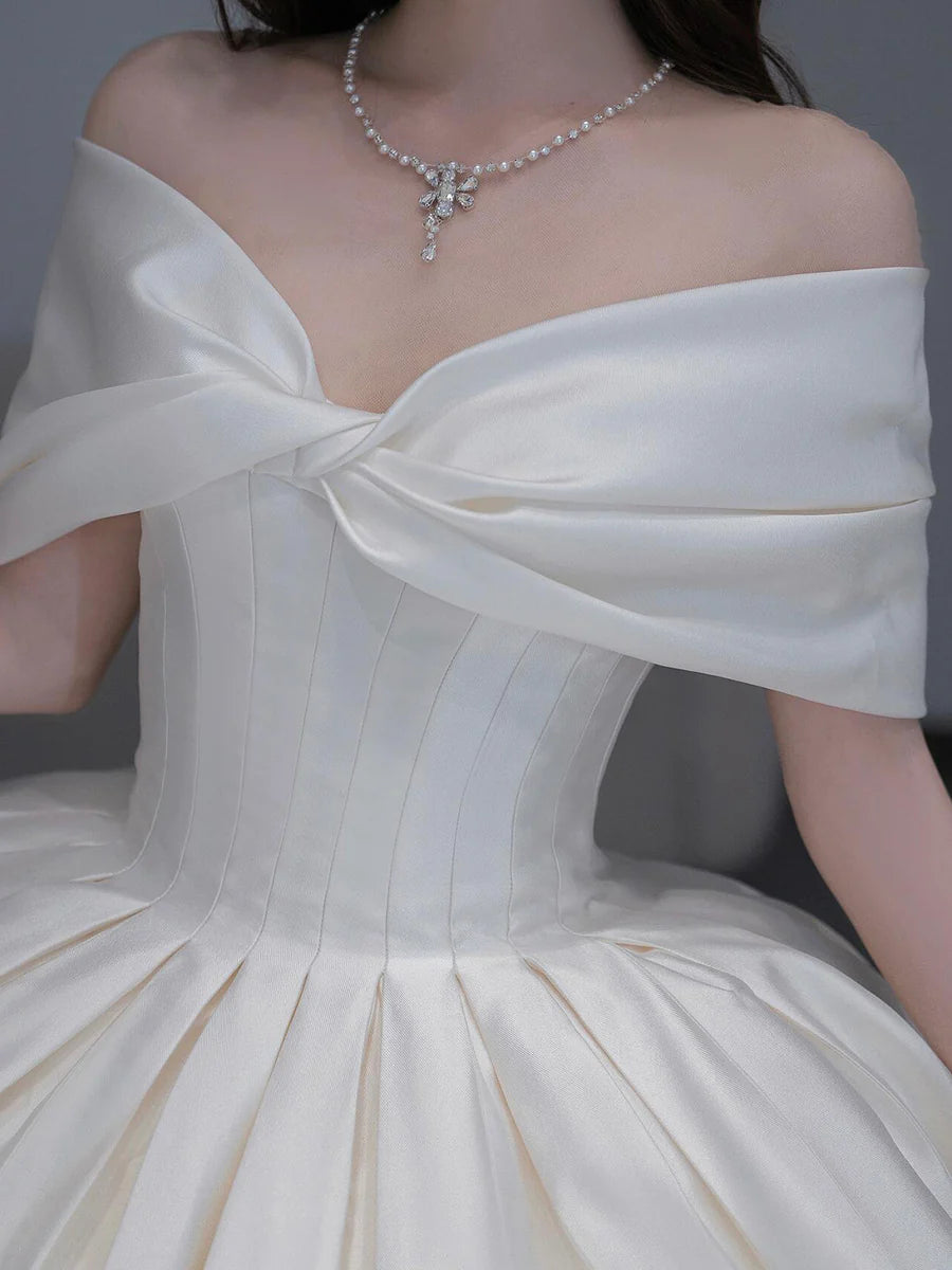 Elegant Ivory Satin Pleated Off Shoulder A-Line Long Formal Dress Wedding Dress
