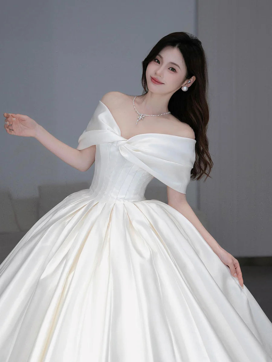 Elegant Ivory Satin Pleated Off Shoulder A-Line Long Formal Dress Wedding Dress