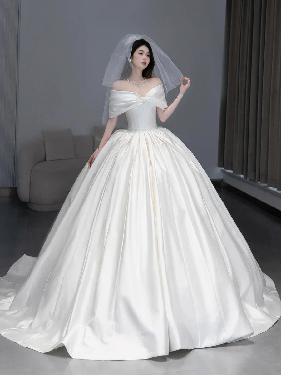 Elegant Ivory Satin Pleated Off Shoulder A-Line Long Formal Dress Wedding Dress