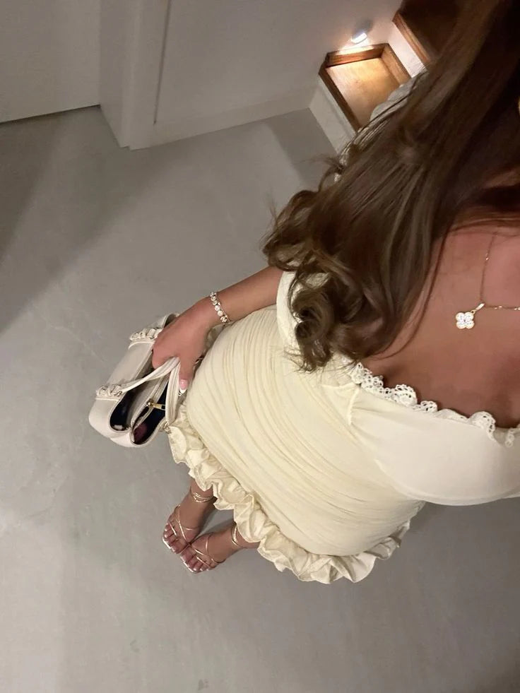 Elegant Ivory V Neck Short Sleeve Ruffle Lace Tight pleated 17th Birthday Homecoming Dress