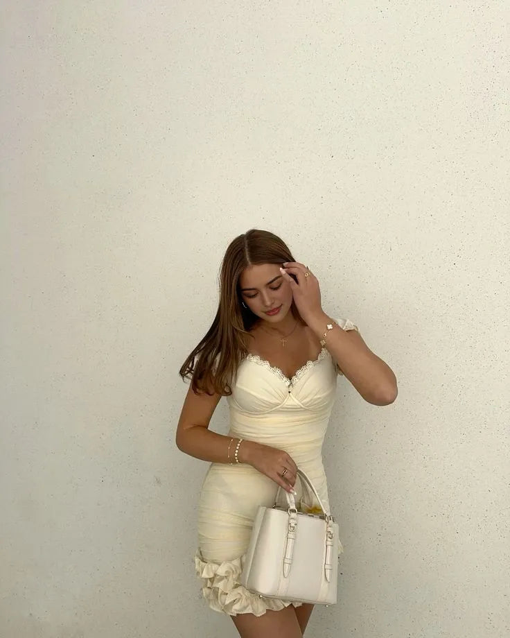 Elegant Ivory V Neck Short Sleeve Ruffle Lace Tight pleated 17th Birthday Homecoming Dress