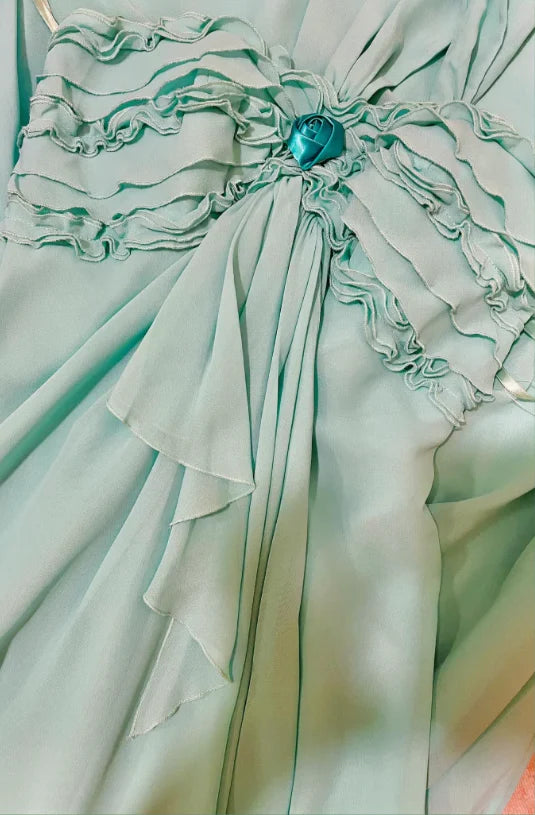 Elegant Lake Green Chiffon One Shoulder Ruffled Tiered Long Evening Dress With Sweep Train